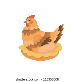 Cheerful cartoon hen sitting on a nest. Vector isolated illustration on white background for your project