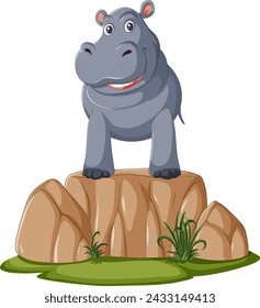 A cheerful cartoon hippopotamus standing on rocks