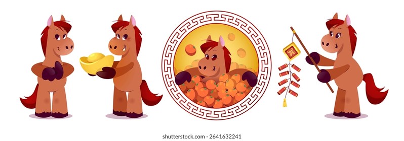 Cheerful cartoon horse celebrates lunar festivities - brown pony with red mane holds golden ingot, tangerines in decorative circle frame, firecrackers on string. Zodiac mascot for CNY greeting cards.