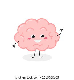 Cheerful cartoon human brain organ making Okay sign. Vector flat illustration isolated on white background