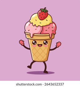 A cheerful cartoon ice cream cone with strawberry, pink, and yellow scoops.