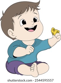 A cheerful cartoon illustration of a baby boy holding a tiny piece of cheese with a joyful expression, capturing the innocence and happiness of early childhood