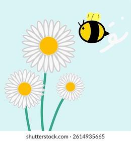 Cheerful Cartoon Illustration of a Bee and Daisy Flowers