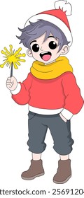 A cheerful cartoon illustration of a boy with gray hair wearing a Santa hat, red sweater, yellow scarf, and black pants, holding a bright sparkler