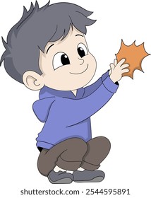 A cheerful cartoon illustration of a boy holding up a dried maple leaf with a joyful expression, symbolizing the fun and beauty of the autumn season