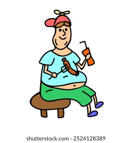 A cheerful cartoon illustration of a boy wearing a cap, enjoying a sausage and soda, representing casual outdoor eating and carefree fun