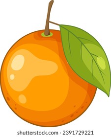 A cheerful cartoon illustration of a bright orange fruit with a leaf
