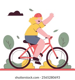 A cheerful cartoon illustration of a child happily riding a bicycle. Perfect for children's books, websites, blogs, and educational materials related to healthy living, outdoor activities, 