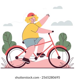 A cheerful cartoon illustration of a child happily riding a bicycle. Perfect for children's books, websites, blogs, and educational materials needing a vibrant and positive image. 