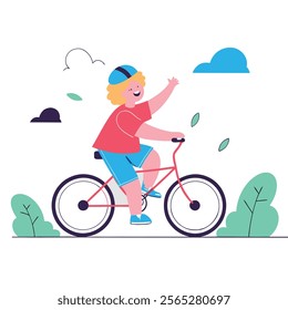 A cheerful cartoon illustration of a child happily riding a bicycle. Perfect for children's books, websites, blogs, and educational materials related to kids' activities, healthy lifestyle