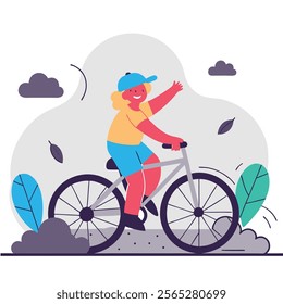 A cheerful cartoon illustration of a child happily riding a bicycle. Perfect for children's books, websites, educational materials, and advertising related to kids' activities, health, 