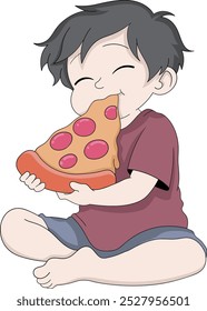 A cheerful cartoon illustration of a child sitting down, joyfully taking a big bite out of a large slice of pizza