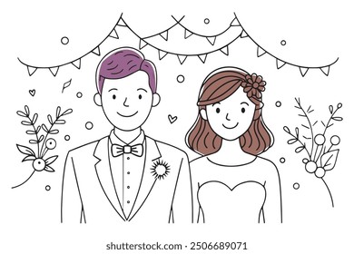cheerful cartoon illustration depicting a bride and groom, smiling joyfully on their wedding day, surrounded by festive decorations doodle continuous line art vector illustration.