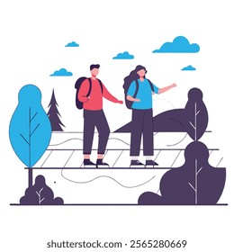 A cheerful cartoon illustration depicting a happy couple hiking in a beautiful forest, reaching a scenic viewpoint. Ideal for blogs