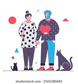 A cheerful cartoon illustration depicting a happy couple in a colorful geometric style. Ideal for websites, blogs, social media, greeting cards, or any project needing a vibrant and 