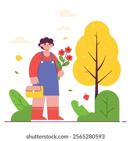 A cheerful cartoon illustration depicting a person holding an autumn leaf. Ideal for fall-themed websites, blogs, children's books, 