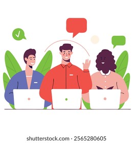 A cheerful cartoon illustration depicting three diverse coworkers enjoying a tea break together. Ideal for websites, 