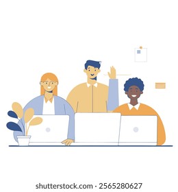 A cheerful cartoon illustration depicting three diverse coworkers enjoying a tea break together. Ideal for websites, blogs, 