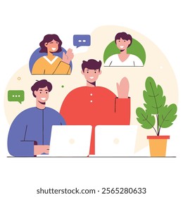 A cheerful cartoon illustration depicting three diverse coworkers enjoying a tea break together. Perfect for website banners