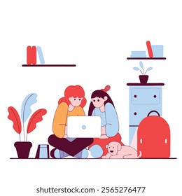 A cheerful cartoon illustration depicting two girls engrossed in their studies together. Ideal for educational websites, children's books, or projects related to friendship, teamwork, 