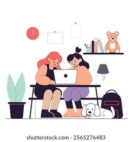 A cheerful cartoon illustration depicting two girls engrossed in their studies together. Ideal for educational websites, children's books, articles about friendship and learning, 