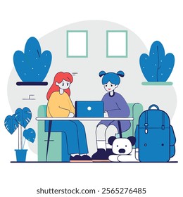 A cheerful cartoon illustration depicting two girls engrossed in their studies together. Ideal for educational websites, children's books, and projects promoting friendship and academic success. 