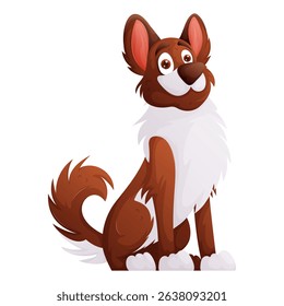 A cheerful cartoon illustration depicts a brown and white dog sitting attentively. The dog is looking up with a happy and curious expression, adding charm.
