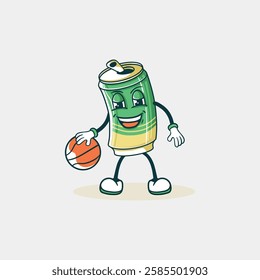 A cheerful cartoon illustration of a drink can playing basketball.