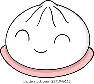 A cheerful cartoon illustration of a dumpling with a smiling face sitting on a pink plate, conveying warmth and delight.