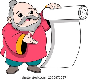 A cheerful cartoon illustration of an elderly Chinese official with a long beard, wearing traditional attire