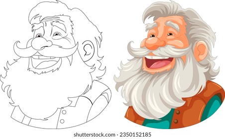 A cheerful cartoon illustration of an elderly lumberjack with a beard and mustache