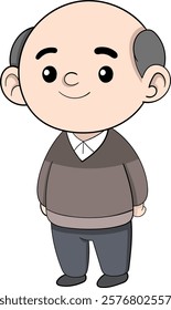 A cheerful cartoon illustration of an elderly man with a bald head and gray hair on the sides, dressed in a cozy sweater and trousers