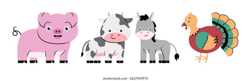 Uma ilustração animada alegre de animais de fazenda, incluindo um porco, vaca, burro e peru, perfeito para desenhos infantis.