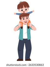 A cheerful cartoon illustration of a father carrying his smiling son on his shoulders. The father holds the child’s legs securely while the boy joyfully stretches his arms.