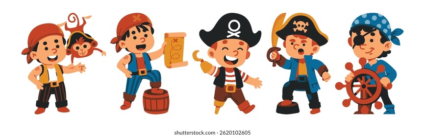 A cheerful cartoon illustration featuring a set of pirate boys in their classic buccaneer costumes, perfect for nautical adventures and playful party themes.