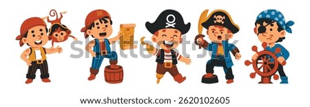 A cheerful cartoon illustration featuring a set of pirate boys in their classic buccaneer costumes, perfect for nautical adventures and playful party themes.