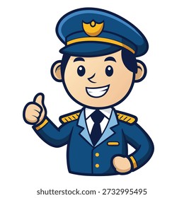 Cheerful cartoon illustration featuring a smiling policeman giving a thumbs up. He is dressed in a blue uniform with a hat and black tie.