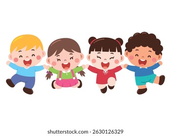 A cheerful cartoon illustration of four diverse children holding hands and jumping together joyfully. Perfect for themes related to friendship, teamwork, inclusivity, and childhood happiness.

