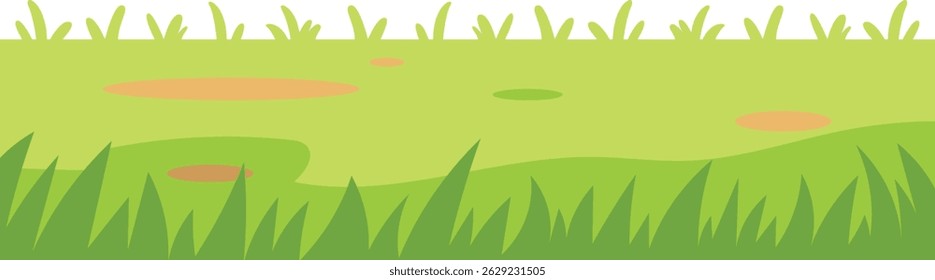 A cheerful cartoon illustration of a green lawn landscape featuring rolling grass, small shrubs, and a bright, open space, set against a clean white background.