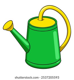 A cheerful cartoon illustration of a green watering can with a yellow spout and handle, perfect for adding a touch of whimsy to your gardening projects, kids' books.