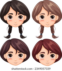 A cheerful cartoon illustration of a group of Asian girls wearing different hats