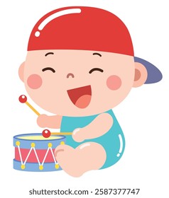 A cheerful cartoon illustration of a happy baby wearing a red cap and playing a colorful toy drum.