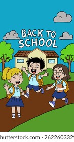 Cheerful cartoon illustration of happy kids returning to school with backpacks, walking on a path in front of a school building. Perfect for posters, invitations, and educational