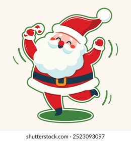 A cheerful cartoon illustration of happy Santa Christmas dance on white background. Christmas sticker design element adds to the holiday spirit. Vector illustration in flat cartoon style