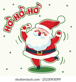 A cheerful cartoon illustration of happy Santa Christmas dance on white background. Christmas sticker design element adds to the holiday spirit. Vector illustration in flat cartoon style