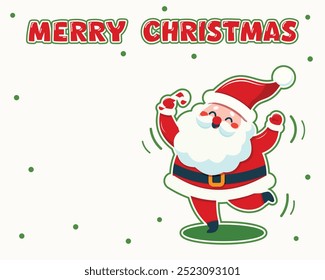 A cheerful cartoon illustration of happy Santa Christmas dance on white background. Christmas sticker design element adds to the holiday spirit. Vector illustration in flat cartoon style