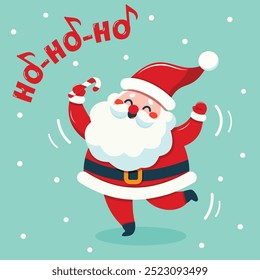 A cheerful cartoon illustration of happy Santa Christmas dance and sings Ho HO HO. Christmas sticker design element adds to the holiday spirit. Vector illustration in flat cartoon style