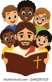 A cheerful cartoon illustration of Jesus Christ reading the Bible, surrounded by happy children. Ideal for Christian education materials, Sunday school, religious books for kids, or church posters.