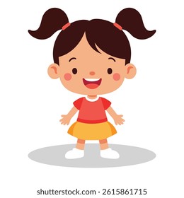Cheerful Cartoon Illustration of a Little Girl with Pigtails Wearing a Red Shirt and Yellow Skirt