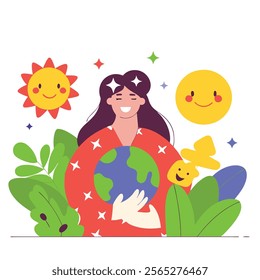 A cheerful cartoon illustration of Mother Earth as a green goddess with long black hair. Ideal for educational materials, websites, or children's books focusing on environmental themes. 